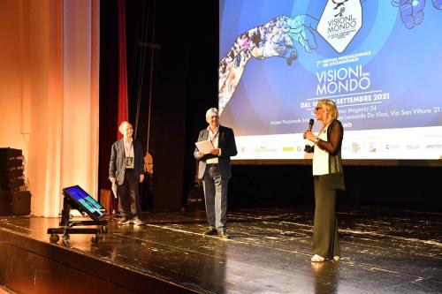 Isabella Menichini, Entertainment Area Director of the Municipality of Milan, on stage during the opening with Francesco Bizzarri and Maurizio Nichetti